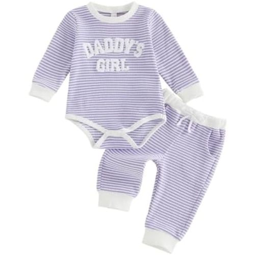 Daddy’s Girl Baby Outfits Newborn Girl Clothes Fall Winter Waffle Knit Stripe Long Sleeve Romper Top Pants Set