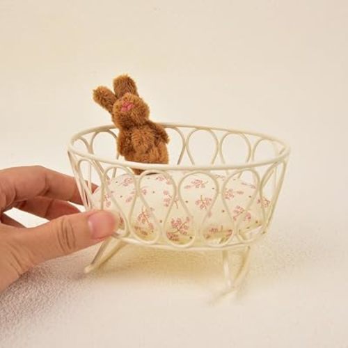 1:12 Scale Dollhouse Cradle - Miniature Iron Art Oval Cradle for Dollhouse with Mini Iron Cradle & Sewn Teddy Bear & Cushion for Boho Room Birthday