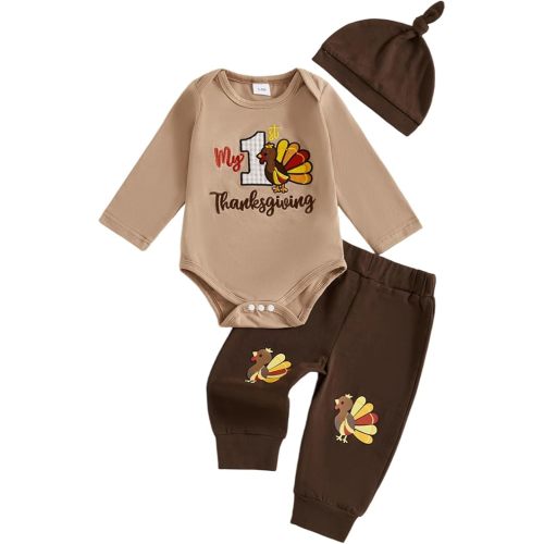 Karuedoo My First Thanksgiving Baby Boy Outfit Newborn Long Sleeve Romper Long Pants with Hat 3Pcs Clothes Set