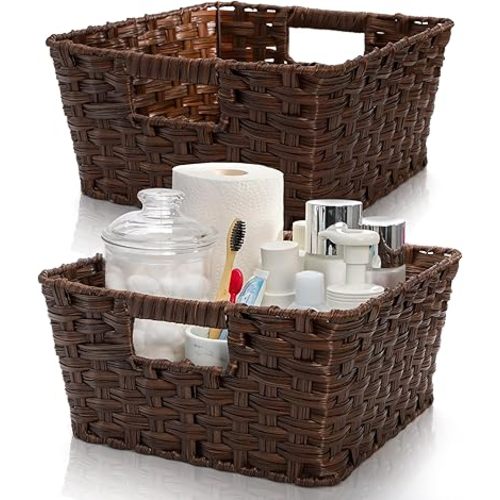 2 Pack Woven Storage Baskets, Large Poly Wicker Organizer Bins for Shelves, Plastic Waterproof Organizing Cube Container, Storage Boxes with Handle for Closet Pantry,12" x 12" x 6"