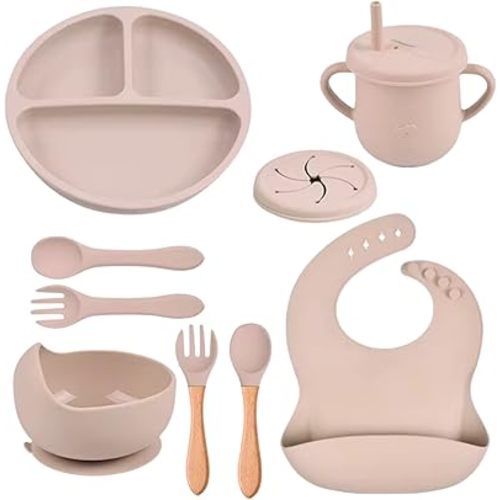 Silicone Baby Feeding Set 10 Pcs - Essentials for Baby's First Meals | Infant Plates, Bowls, Suction Dishes, Bibs | Toddler Dinner Kit with Suction Bowls. Eating Utensils for 6+ Months (Beige)