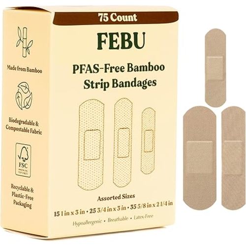 FEBU Eco-Friendly Bamboo Fabric Bandages | PFAS Free Flexible Fabric Bandages | Natural Hypoallergenic Bandage for Scrapes, Cuts & First Aid | Fully Compostable, Latex Free Bandage | 75 Count Strip
