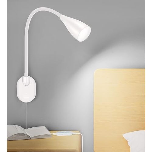 Wall-Mounted LED Bedside Reading Light with USB Charging Port, 10-Level Dimmable & Adjustable 5 Color, Plug-in Adhesive Night Lamp for Books in Bed, Eye-Caring Bedroom Lighting (White)