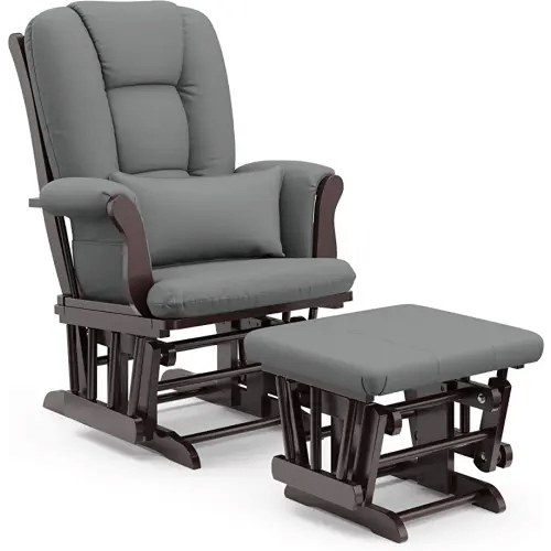 Storkcraft Tuscany Custom Glider and Ottoman with Free Lumbar Pillow (Espresso/Grey) - Cleanable Upholstered Comfort Rocking Nursery Chair with Ottoman