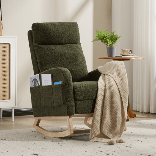 Rocking Chair Nursery with Foot Rest for Mom Breastfeeding, Rocker Glider Chair with High Backrest,Upholstered Lounge Chair with Side Pocket for Living Room, Bedroom, Dark Green
