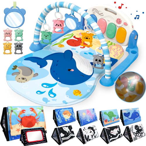 LINXUXIE 2 In 1 Baby Gym Playmat with Music and Lights, Infant Tummy Time Mat with 5 Sensory Montessori Toys and Tummy Time Mirror Toys,Newborn Gifts for Infants Newborn 0-3 3-6 6-8 8-12Month