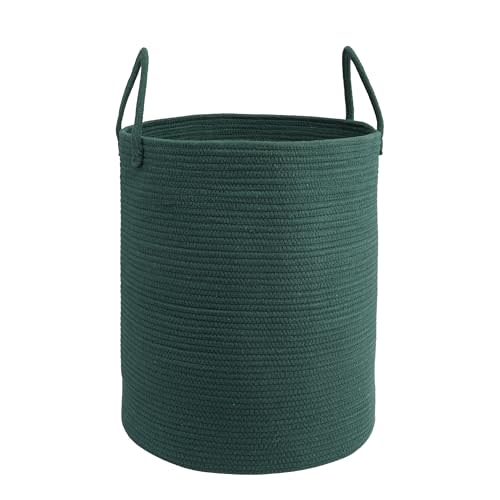 Woven Cotton Rope Laundry basket-15”X20” Laundry Hamper-Rope Storage Basket for Dirty Clothes, Toys and Blankets Perfect for Bathroom, Baby nursery and Living Room Storage (dark green)