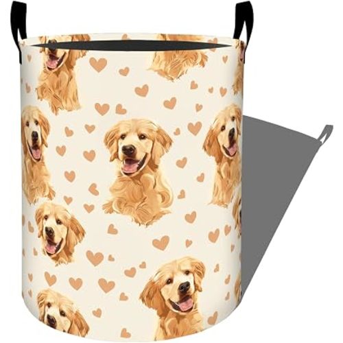 Cute Golden Retrievers with Hearts Laundry Basket with Handles, 19.7"x15.7" Clothes Foldable Laundry Hamper Organizer for Dorm Nursery Bedroom Bathroom Decor, Toy Storage Bin for Kids