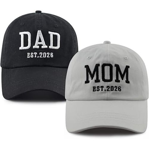 2PCS Dad and Mom EST 2026 Hats for Men Women, Funny Adjustable Cotton Embroidered New Parents Gifts Baseball Cap
