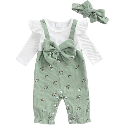 Infant Baby Girls Fall Outfit Long Sleeve Romper Floral Print Fake Two Pieces Patchwork Bow Jumpsuits And Headband Set
