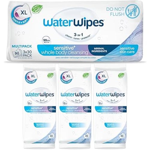 WaterWipes Sensitive Whole Body Cleansing Wipes, 99.9% Purified Water, XL Textured Wipes, Incontinence Care, Fragrance Free, 90 Count