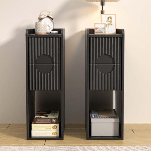 Black Fluted Nightstand Set of 2, Narrow Bedside Tables with Drawers, Modern Wood End Tables for Bedroom