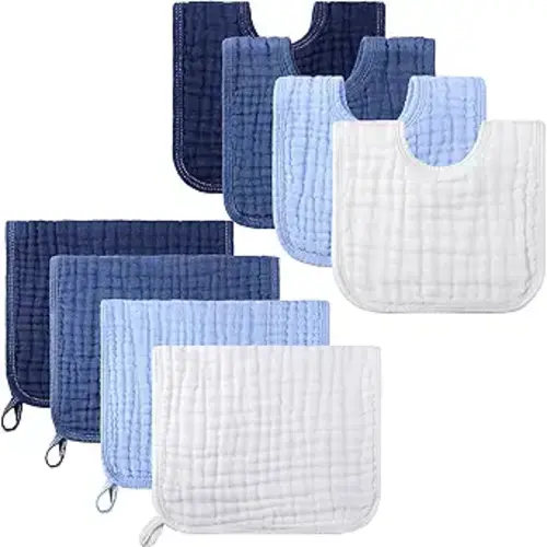 Tatuo 8 Pcs Baby Muslin Bibs & Burp Cloths 6 Absorbent Layer 100% Cotton Unisex Baby Bibs for Drooling and Teething