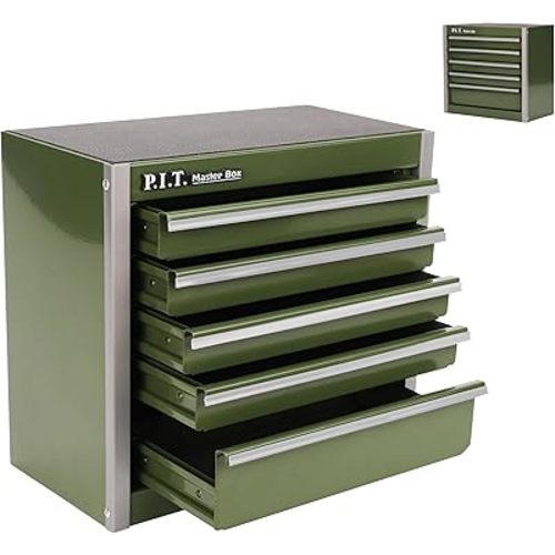 P.I.T. Mini Army Green Tool Box, Portable 5-Drawer Micro Roll Cab Steel Tool Box with Liner, Army Green Small Tool Case for Tools Storage, Home DIY