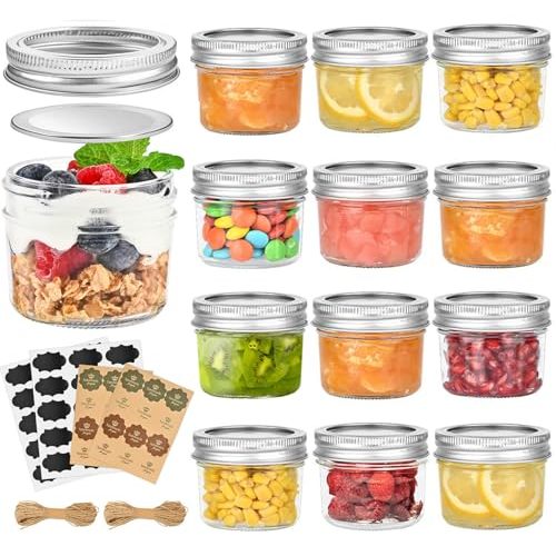TUZAZO 4 oz Mini Mason Jars with Lids 12 Pack, 4oz Small Glass Mason Canning Jars for Jam Jelly Yogurt Dessert, Shower Wedding Favors Decor