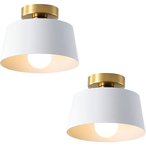 Ceiling Light Fixture, Hallway Ceiling Light with Gold Plate and White Shade, Modern Simple Style Porch Light Fixtures Semi Flush Mount (2 Pack White)