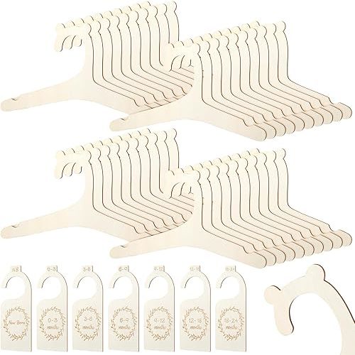 40Pcs Wooden Baby Clothes Hangers 9inch with 7 Pcs Wood Baby Closet Dividers Newborn Hangers with Cute Bear Ears Toddler Hanger for Kids Coats, Pants and Jackets