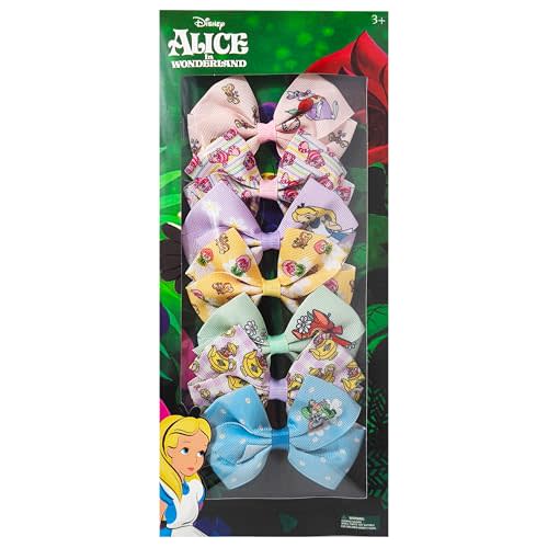 LUV HER Disney Alice in Wonderland Alligator Hair Clips for Kids – 7-Pack Non-Slip 4-Inch Hair Bows – Girls Hair Accessories with Whimsical Character Prints – Ages 3+ – Non-Toxic Material