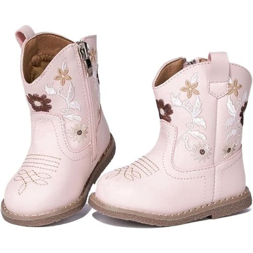 Newsonet Baby Cowboy Cowgirl Boots Infant Western Boots Toddler Boys Girls Round Toe Riding Mid Calf Boots All Seasons for 6 9 12 18 24 Months