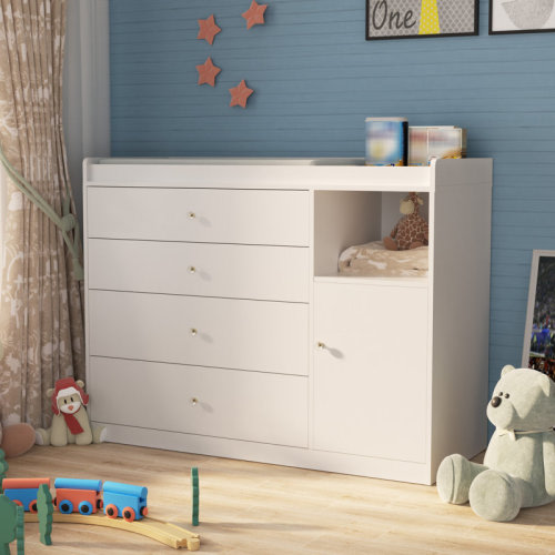 Latitude Run® White 4-Drawer Dresser with Changing Table Top, Modern Nursery Dresser Chest with Cabinet, Sturdy Wood Baby Changing Station with Storage, Ideal for Bedroom, Nursery and Playroom | Wayfair