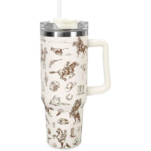 FYSUIMU 1Pc Western Cowboy Tumbler with Handle Lid Straw 40Oz Brown Beige Cowboy Horse Cactus Stainless Steel Travel Tumbler Cup for Wild West Rodeo Party