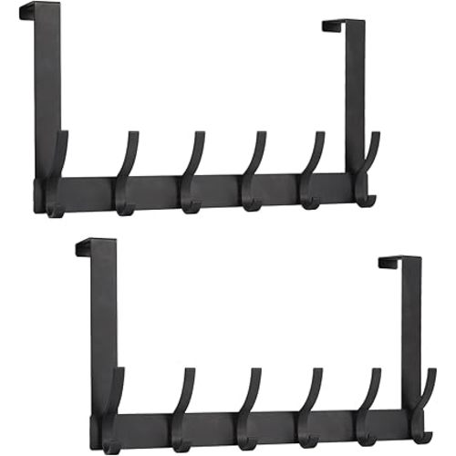 Over The Door Hooks, Door Hanger Hooks for Hanging, Over The Doors Towel Racks for Bathroom with 12 Coat Hook, Coat Rack Bathroom Accessories（2 Pack, Black）