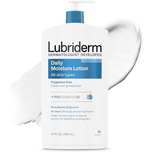 Lubriderm Fragrance Free Daily Moisture Body Lotion + Pro-Ceramide, Unscented Lotion, Body Lotion for Dry Skin, Shea Butter, Glycerin, Non-Greasy 24-Hour Moisturizer, Paraben & Dye Free, 24 Fl Oz