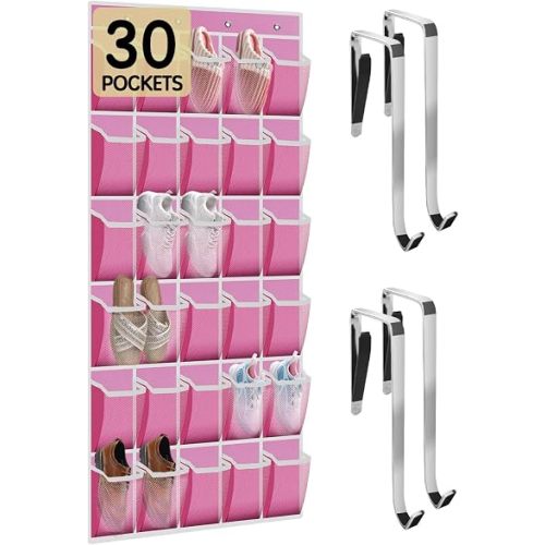 Kotkn Over the Door Shoe Organizer with 30 Breathable Mesh Pockets - Large Capacity Closet Storage for Men & Women, Hanging Shoe Rack Organizer (Pink)