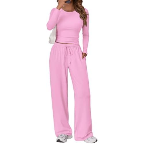 Trendy Queen Women's 2 Piece Matching Lounge Set Long Sleeve Side Ruching Top Wide Leg Drawstring Pants Set with Pockets