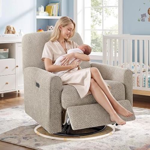 VANOMi Power Rocking Recliner Chair,270° Swivel Nursery Glider, USB, Camel