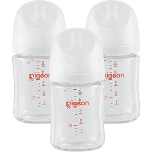 Pigeon Glass Nursing Bottle Wide Neck, Nurture & Nest, Anti-Colic, Streamlined Body, Natural Feel, Easy to Clean, Heat-Resistant, 5.4 Oz (Pack of 3), Includes 3pcs Stage 1 Nipples (0m+)
