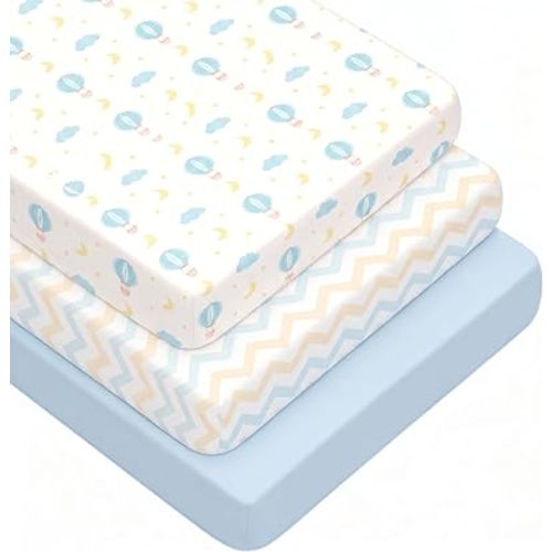 3 Pack Crib Sheets for Girls – Fitted Crib Sheets for Standard Crib Mattress and Toddler Mattress, Ultra Soft Breathable Washable Polyester, 28x52inch - Blue Strap & Balloon