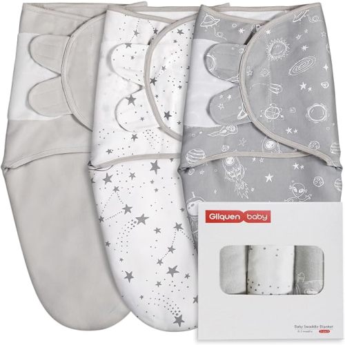 GLLQUEN BABY Organic Newborn Swaddles Sleep Sack, Swaddle Blankets for Baby Boy, 3 Pack Adjustable Wrap Set, Gray Starry Sky & Astronaut, 0-3 Months (Small/Medium)