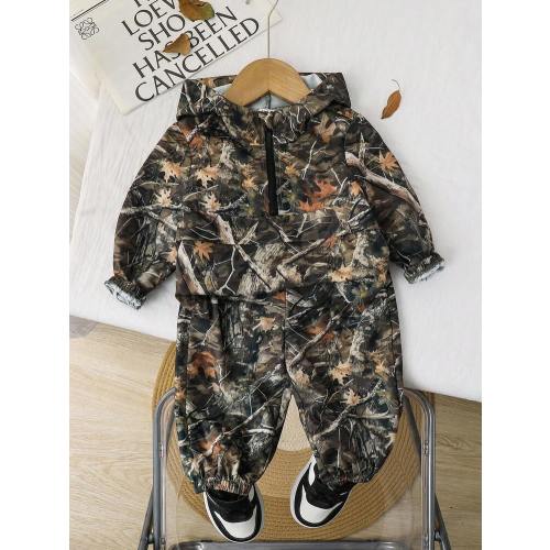 SHEIN 2pcs/Set Baby Boy/Girl Casual Vintage College Style Brown Letter Print Pattern Stand Collar Hooded Jacket And Jogger Pants Set, Fashionable & Cool, Suitable For Spring/Autumn | SHEIN USA