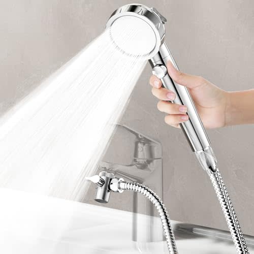 HOWUWEY Sink Hose Attachment for Faucet with 5 Adapters, Tub Faucet Sprayer Attachment, 3 Spray Modes Shower Head with ON/OFF Button, Filtered Shower Sprayer Attachment for Tub Faucet (Chrome)