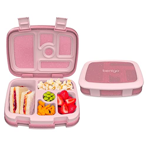 Bentgo Kids 5-Compartment Lunch Box - Glitter Design for School, Ideal for Ages 3-7, Leak-Proof, Drop-Proof, Dishwasher Safe, & Made with PFAS & BPA-Free Materials (Glitter Edition - Petal Pink)