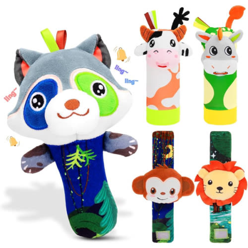 Newborn Baby Gifts Set 0-6-12 Months, Wrist Rattles and Foot Finder Socks with Hand Grip Rattle, Soft Sensory Toys for Babies Development, Infant Shower Gift Box for Boys Girls