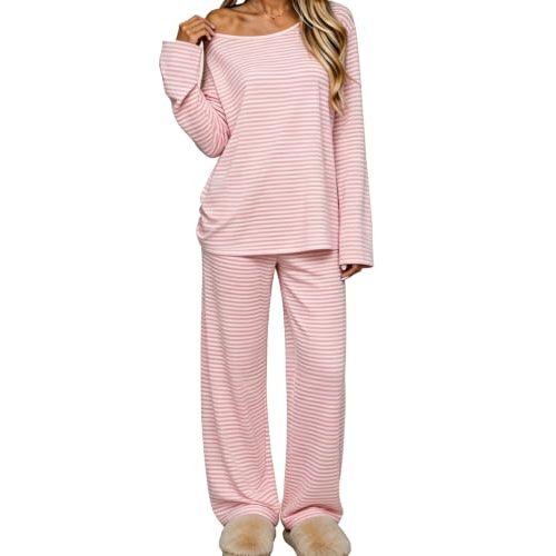 Dressmine Womens Lounge Sets Oversized Off Shoulder Top Loose Pant Pjs Set | Women's 2 Piece Lounge Sets Sexy Pajama Set Long Sleeve Straight Leg Pants Off Shoulder Casual Cute Outfits Sleepwear