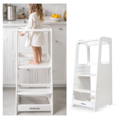 dadada Baby Montessori Toddler Tower, Adjustable Kids' Step Stool, White | Kitchen Step Stool for Kids with Safety Rail and Adjustable Steps, Easy to Clean, Baby-Safe Finish, Encourages Independence