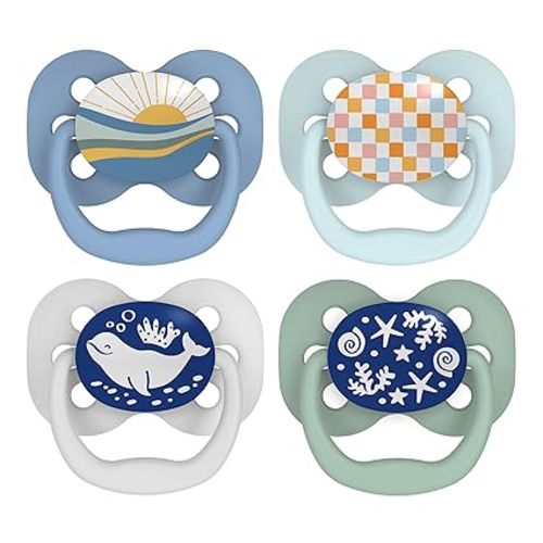 Dr. Brown's Advantage Glow-in-The-Dark Baby Pacifier, Fully Symmetrical Soother with Soft Silicone Bulb, Blue Sunrise-Blue Ocean, 0-6m, BPA Free, 4 Pack