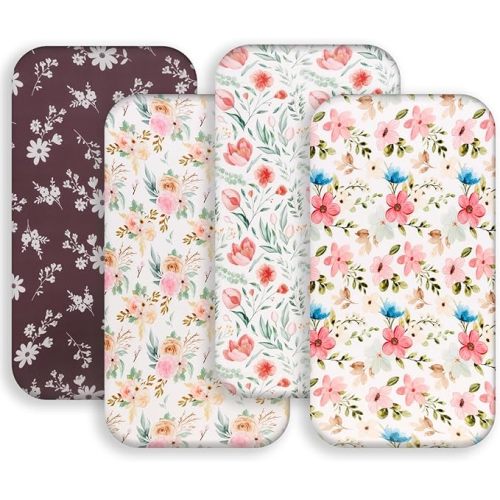 4 Pack Baby Girl Changing Pad Covers Sheets Set Soft Fitted Floral or Elephant Theme Baby Girl Mattress Covers Breathable Toddler Bed Sheets for Infant or Newborn Girls (Flower, Changing Pad Covers)