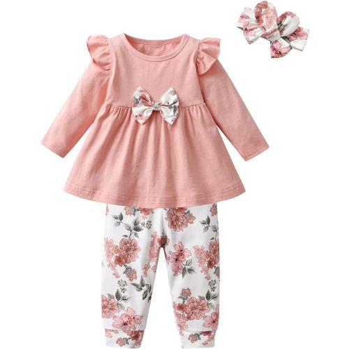 3PCS Baby Girl Clothes Ruffle Floral Shirt Tops Pants Headband Outfit Sets