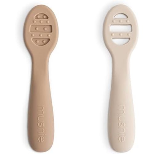 mushie Silicone First Feeding Baby Spoons | 2 Pack (Natural/Shifting Sand)