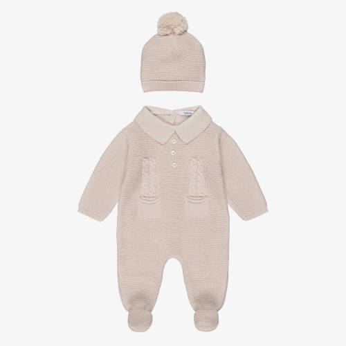 Babidu - Baby Boys Beige Knitted Babygrow & Hat Set | Childrensalon