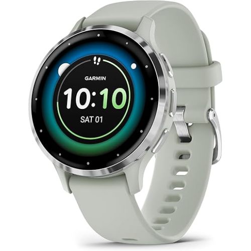 Garmin Venu 3S Silver Stainless Steel Bezel 1.2-Inch AMOLED Touchscreen Display Smart Watch with 41mm Sage Gray Case and Silicone Band