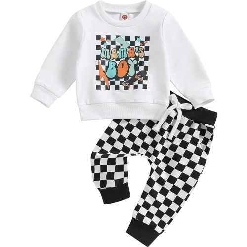Toddler Baby Boy Clothes Mamas Boy Fall Winter Outfit Long Sleeve Letter Sweatshirt Plaid Jogger Pants Newborn Set
