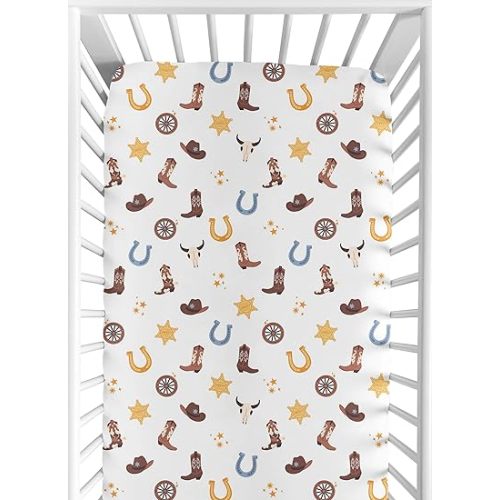 Sweet Jojo Designs Fitted Baby Crib Sheets (Boho Western Cowboy) for Boys, Infant Nursery, Toddler Room - Standard Size (Blue, Bohemian Vintage Wild West, Cow Boy Boots Southern Charm, Longhorn Skull)