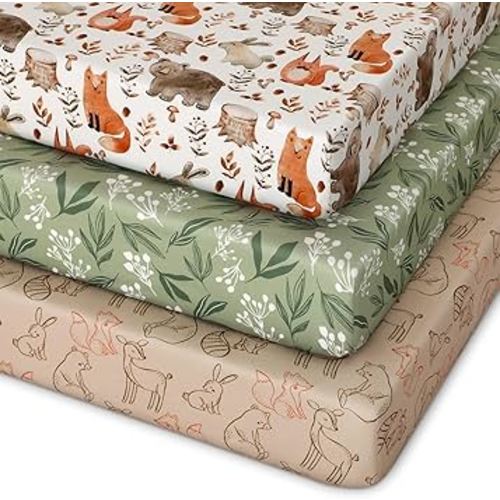 Pack and Play Sheets Fitted 3 Pack, Mini Crib Sheets for Pack N Play Mattress Stretchy Portable Playard Sheets, Soft Breathable Green & Brown Fox