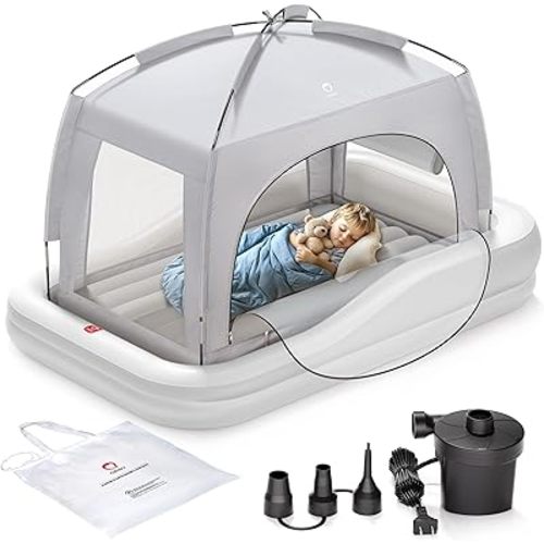 QPAU Inflatable Toddler Travel Bed with Tent, Portable Kids Air Mattress with Safety Sides, Ideal for Home, Grandma's, Camping, Traveling -Includes Fast Electric Pump