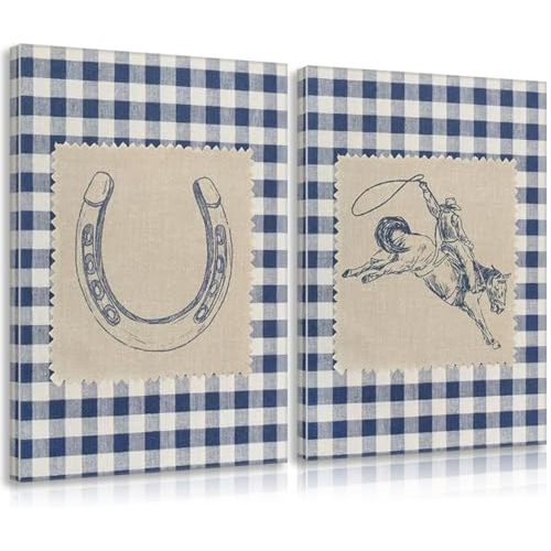2Pcs Vintage Cowboy Rodeo Canvas Wall Art Rustic Country Western Wall Decor Pictures Lucky Horseshoe Gingham Aesthetic Poster Retro Horse Painting Print Artwork for Living Room Bedroom Boys Room
